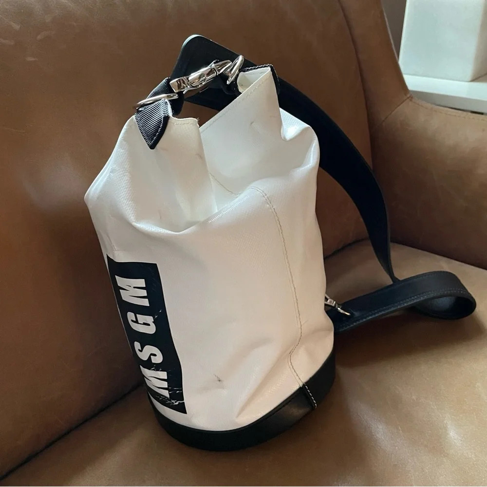 MSGM leather PVC buckle multi shoulder sling bucket backpack buckle white black - Picture 1 of 8